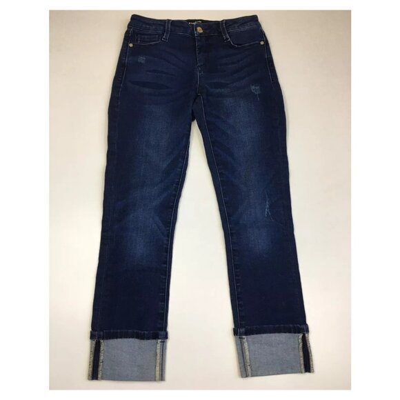 BEBE Medium/Dark Wash Distressing 5 Pocket Logo Hardware Cuff Hem Cropped Jeans - Picture 1 of 14